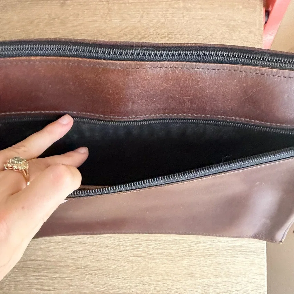 Vintage Leather Brown Zip Document Case Laptop Sleeve Solid Pattern  Double Zip
